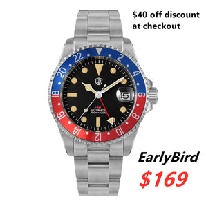 ★EarlyBird★Watchdives WD0014 Aluminum Pepsi Bezel Vintage NH34 GMT Watch